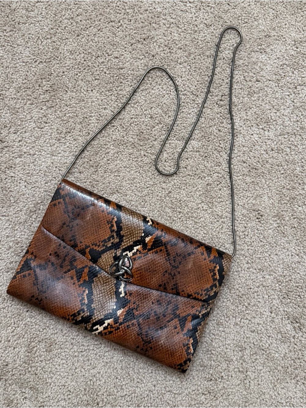 Kate Landry Brown Snakeskin Print Faux Leather Crossbody Bag with Chain Strap